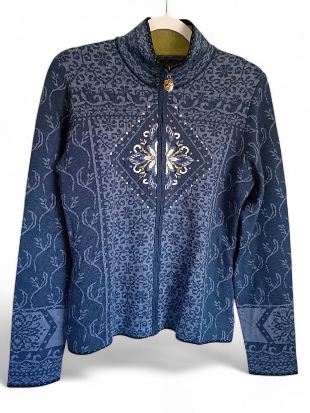 Icelandic Design Womens Blue Nordic Full Zip Sweater Cardigan Size Medium Wool